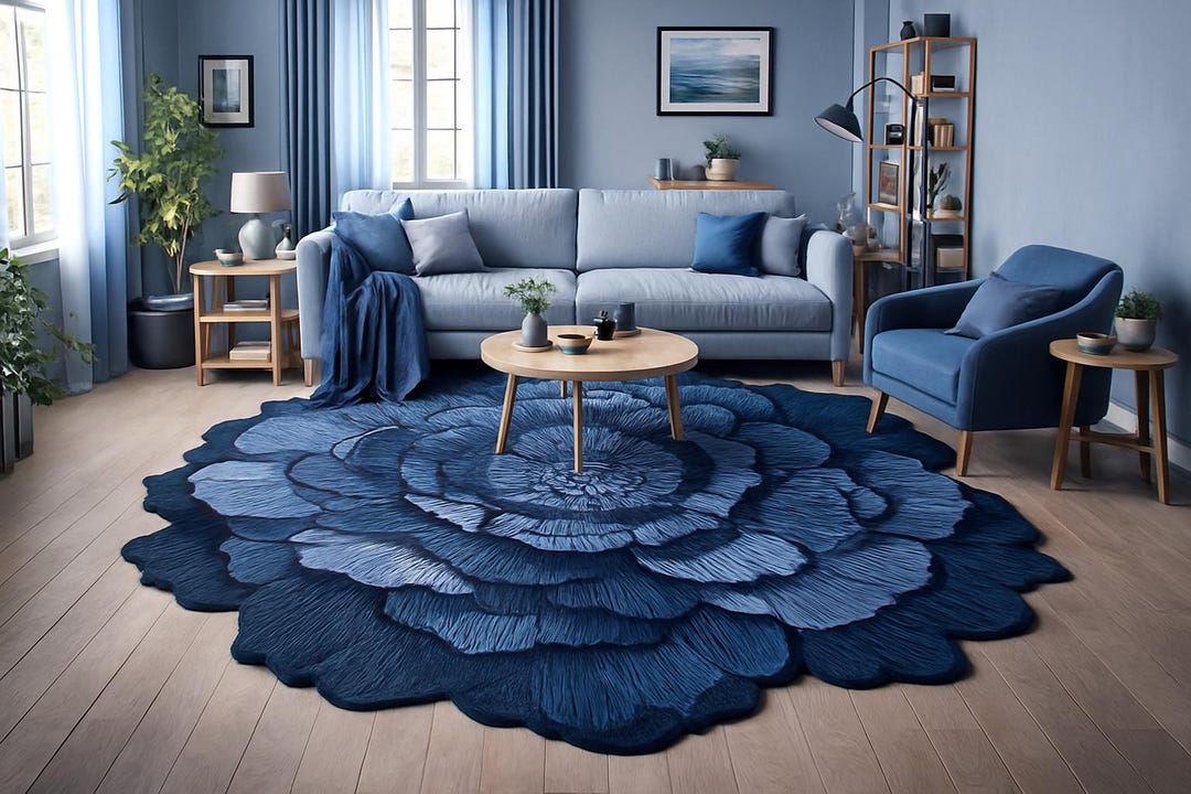 Handmade Blue Botanical Rug – Luxury Floral Shaped Carpet for Modern ...