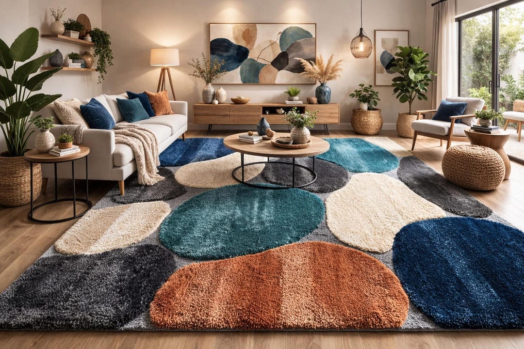 Abstract Pebble Shag Rug – Teal, Navy, Rust Geometric Carpet - Etsy