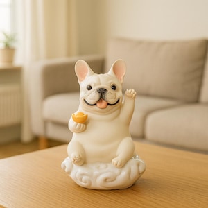May include: A cream-colored French bulldog figurine sitting on a stylized cloud base. The dog has a black nose, a pink tongue, and is holding a small gold-colored ingot in its right paw while its left paw is raised in a waving gesture.