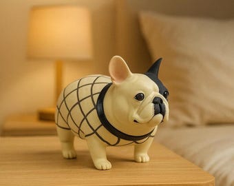 Gift for Dog Lovers • Handmade Ceramic French Bulldog Figurine • Modern Grid Sweater Decor • Custom Frenchie Decor