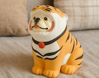 Handmade Ceramic French Bulldog Figurine • Tiger Outfit Dog Statue • Personalized French Bulldog Figurine