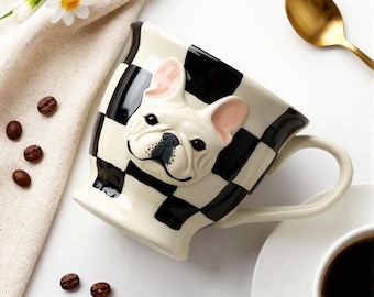 Frenchibble Handmade Mugs • Handmade French Bulldog Mug • Checkerboard Ceramic Frenchie Cup • Personalized French Bulldog Mug