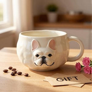May include: A cream-colored ceramic mug featuring a three-dimensional French bulldog face on the front. The mug has a smooth, glossy finish, a rounded handle, and a wide opening. The dog has pink-tinted ears, black eyes, and a black nose.