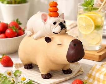 Handmade figurines  • Capybara & French Bulldog Ceramic Figurine • Desk Decor • Dog Lover Gift • Capybara Decor • Custom Frenchie Decor