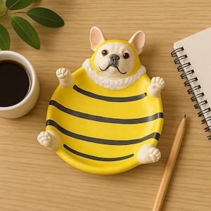 May include: A round ceramic trinket dish shaped like a French bulldog wearing a yellow and black striped bee costume. The dog has a white face, dark eyes, and a black nose, with its paws extended outward from the sides of the yellow bowl.