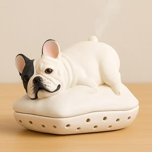 May include: A white and black ceramic French Bulldog figurine resting on a white pillow-shaped base. The dog has one black ear and brown eyes. The base has small holes around the sides. Steam is visible rising from the dog's back.