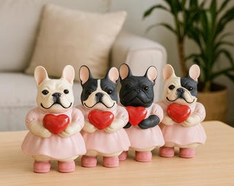Handmade Ceramic French Bulldog Figurine with Heart • Pink Dress Dog Lover Gift • Personalized Frenchie