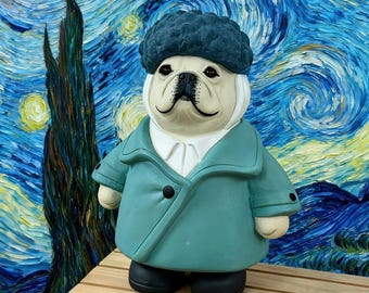 Van Gogh Bulldog Figurine • Hand-Painted Ceramic Art Sculpture • Custom Frenchie Decor • Cute Frenchie Decor • Pottery Dog Decor