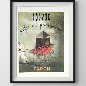Pubblicità originale del profumo Caron degli anni '50 – “Poivre” e “Le Muguet du Bonheur” – Pagina fronte-retro di una rivista di moda francese vintage