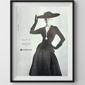 Jacques Fath 1950s Cocktail Dress Print – Pierre Balmain Vintage French Fashion Page – Original 1950s Couture Art