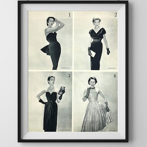1950s Vintage French Fashion Print – Balmain, Patou, Heim, de Rauch Couture – Mid-Century Paris Illustration