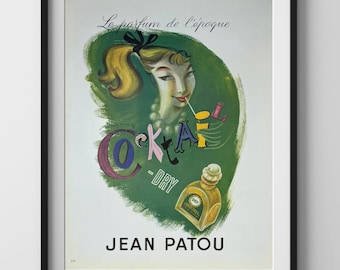 1950s Jean Patou Cocktail Perfume Ad | Vintage French Fashion Magazine Page | Colorful Retro Print