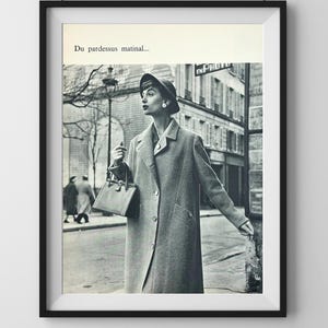 1950s French Fashion Photography | Vintage Paris Street Style Print | Elegant Woman in Coat & Hat | Mid-Century Vogue Decor
