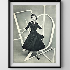 1950s French Fashion Print | Elegant Black Dress & Evening Gowns | Vintage Paris Couture Art Page
