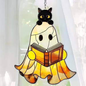 Ghost Cat Reading Book Acrylic Suncatcher, Cute Ghost Reads Book Window Hanging Decor, Book Lover Gift, Cute Black Cat, Bookish Home Decor
