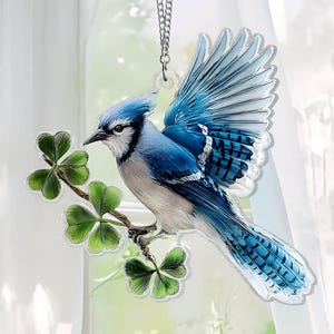 Blue Jay Clover Suncatcher, Blue Jay Acrylic Window Hanging, Bird Lover Gifts, Housewarming gift, Memorial Gift, Lucky Charm Spring Decor