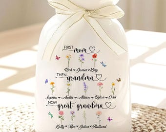 Custom First Mom Now Great Grandma Ceramic Flower Vase, Birth Month Vase, Grandmas Garden Vase, Birthday Gift for Mom Nana Mothers Day Gift