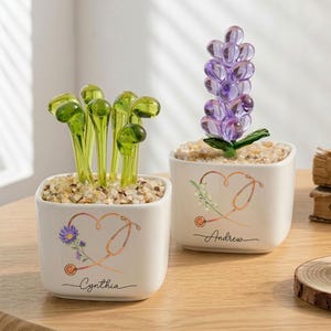 May include: Two white ceramic planters with decorative glass plants. One has green glass stems, the other a purple glass flower. Both pots feature a heart and stethoscope design with names: "Cynthia" and "Andrew".
