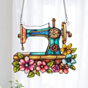Sewing Machine Suncatcher, Wild Flower Sewing Machine Hanging Window Decor,  Shop Decor, Gift for Sewing Lovers, Gift for Grandma and Mom