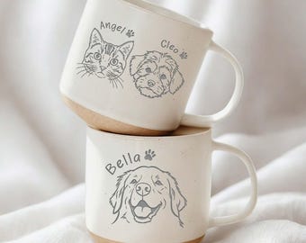 Photo Pet Engraved Pottery Mug, Personalized Pet Portrait Coffee Cup Gift For Cat Dog Lovers, Custom Dog Face Remembrance Gifts, Cat Mugs