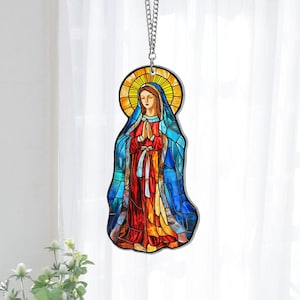 Virgin Mary Acrylic Suncatcher, Faux Stained Glass Holy Window Hanging Decor, Spiritual Gift for Catholic Home Decor & Religious Holidays