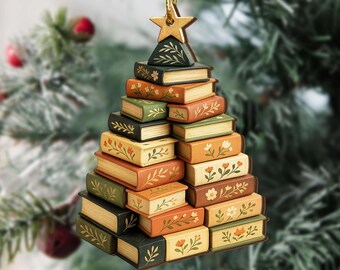 Christmas Book Tree FLAT Wood Ornament, Christmas Tree Book Gift, Book Lover Gift, Book Club Ornament, Bookish Ornament, Book Exchange Gift