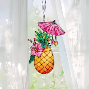 Tropical Pineapple Cocktail Acrylic Suncatcher, Beach Flower Faux Stained Glass Window Hanging, Hibiscus Summer Decor Gift For Island Vibes