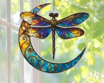 Dragonfly On Moon Suncatcher, Dragonfly ACRYLIC Hanging Window, Dragonfly Moon Decor, Gift for Plant Lovers, Dragonfly Nature Lover Gifts