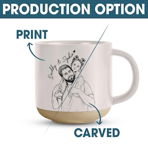 May include: White ceramic mug with a beige base, featuring a black and white illustration of a father and child. The mug has the text "Daddy & Sophia" and the words "PRODUCTION OPTION", "PRINT", and "CARVED".