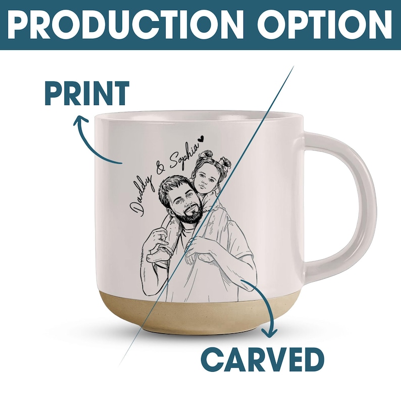 May include: White ceramic mug with a beige base, featuring a black and white illustration of a father and child. The mug has the text "Daddy & Sophia" and the words "PRODUCTION OPTION", "PRINT", and "CARVED".