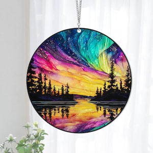 Aurora Borealis Glass Suncatcher Hanging, Forest Aurora Suncatcher, Handcrafted Northern Lights Decor, Glass Art for Nature Lover