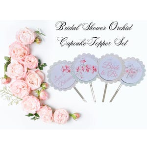 ピンクオーキッドブライダルシャワーカップケーキトッパー：エレガントな花柄パーティーデコレーション