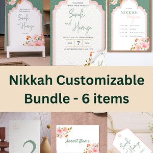 Conjunto de Placas Personalizáveis para a Cerimônia de Nikkah | Placa de Boas-Vindas para Casamento Islâmico, Cartões de Mesa | Modelo de Decoração para Casamento Muçulmano para Imprimir