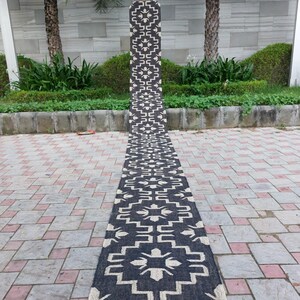 Handwoven Wool Jute Runner Rug Black Geometric Stair Runner Long Tribal Pattern Carpet