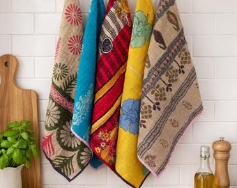 Set of 5 Kantha Cotton Kitchen Towels, Boho Tea Towels, Handmade Dish Cloths