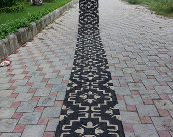 Handwoven Black Geometric Wool Stair Runner Rug Farmhouse Boho Hallway