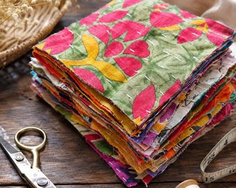 Vintage Kantha Quilt Fabric Scraps, Recycled Sari Pieces, Boho Patchwork Sewing Supply