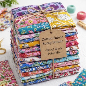 Pacchetto di ritagli di cotone indiano stampato a blocchi, motivi floreali assortiti, per quilting, cucito e artigianato.