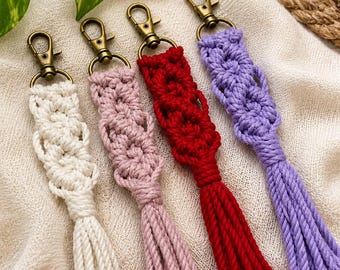 Handmade Boho Macrame Keychain, Cotton Tassel Bag Charm, Bohemian Wristlet Key Holder