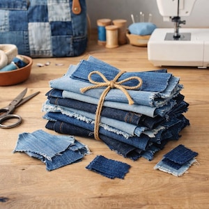 Op de afbeelding: Een stapel diverse denim stof vierkanten in verschillende blauwtinten, vastgebonden met touw. De randen zijn gerafeld en de stof ligt op een houten oppervlak. Naaibenodigdheden, waaronder een schaar en garenklosjes, staan op de achtergrond.