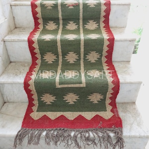 Handwoven Wool Jute Kilim Stair Runner: Bohemian Stair Decor
