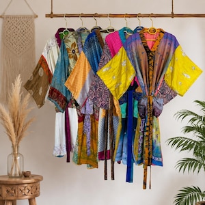 Recycled Silk Saree Kimono Robe, Bohemian Patchwork Beach Cover Up, Sustainable Loungewear