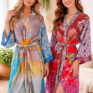 Vintage Silk Sari Kimono Robe, Boho Patchwork Wrap, Upcycled Indian Saree