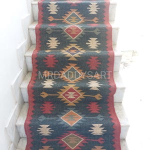 Black Indian Vintage Handmade Stair Kilım Runner Rug Rug Wool Jute Hallway Rug Bohemian Handwoven Boho Outdoor Stair RunnerStair Runner