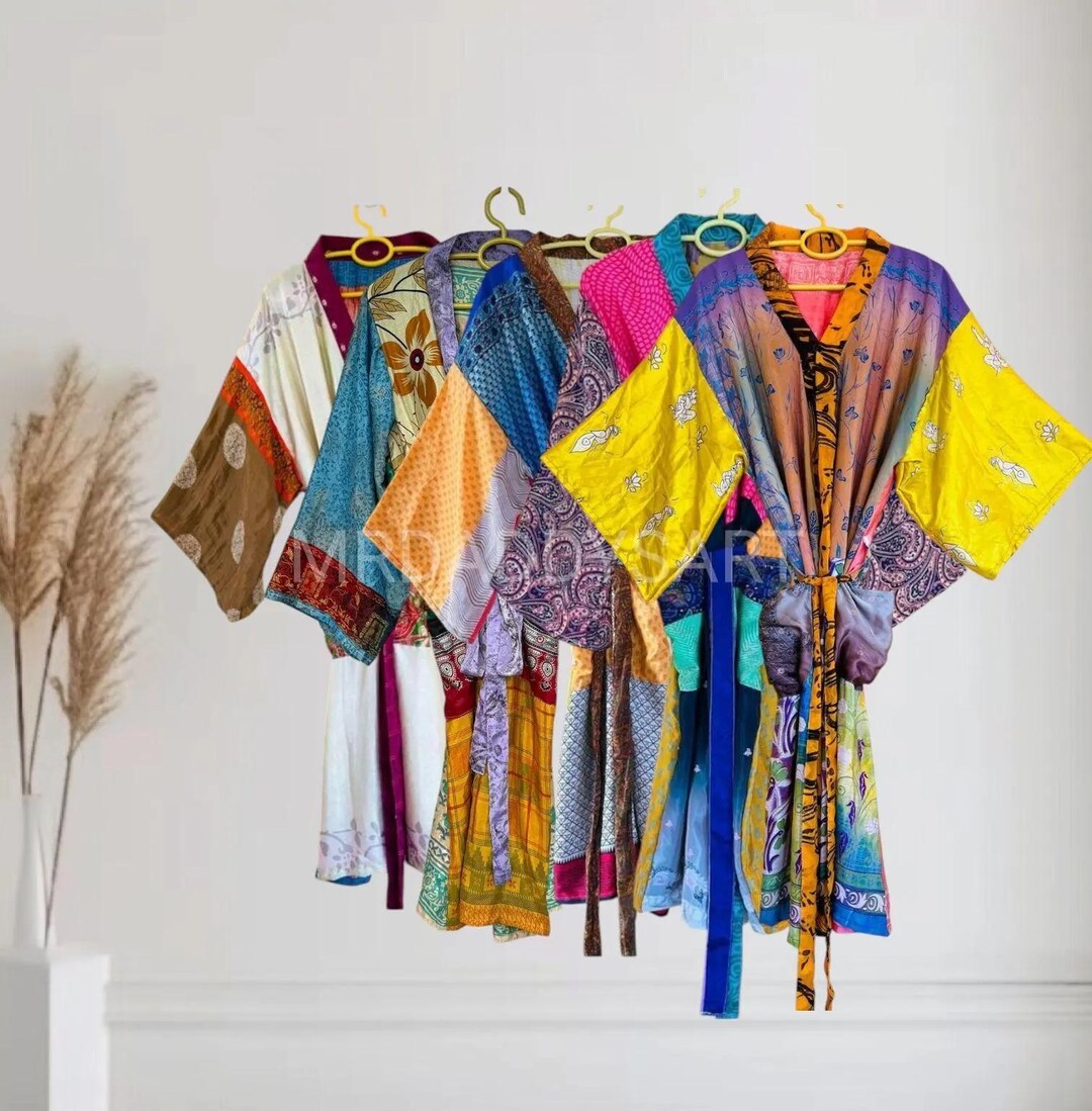 Upcycled Old Robe Handmade Silk Kimono Robe Set of 5 : Patchwork Vintage Upcycled Sari ...