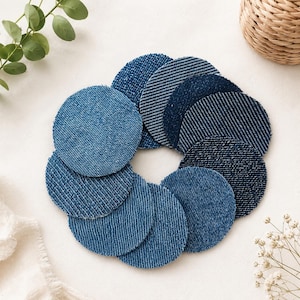 Assorted Blue Denim Fabric Circles, Recycled Jean Scraps for Crafts (10 Pieces)