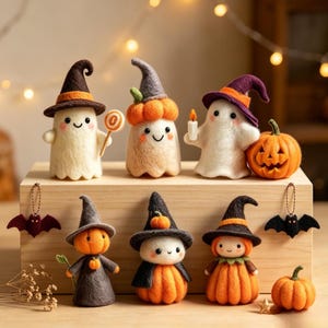 May include: A collection of needle-felted Halloween figures including ghosts in witch hats, pumpkins, and bats. The set features small white ghosts, orange pumpkin-shaped figures, and dark-coloured bats with hanging loops, all arranged on a wooden block.
