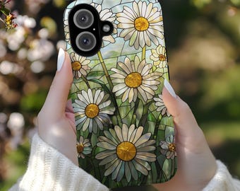 Daisy Stained Glass iPhone Case, Floral Phone Cover, Botanical Mosaic Aesthetic, MagSafe Case, Gift for Her, Cottagecore Accessory
