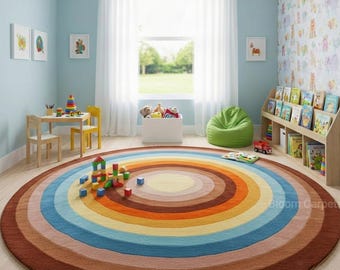 Hand Tufted Rainbow Round Rug – Concentric Circle Kids Room Carpet