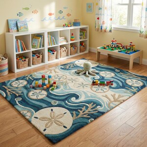Hand Tufted Coastal Rug, Ocean Wave Seashell Design